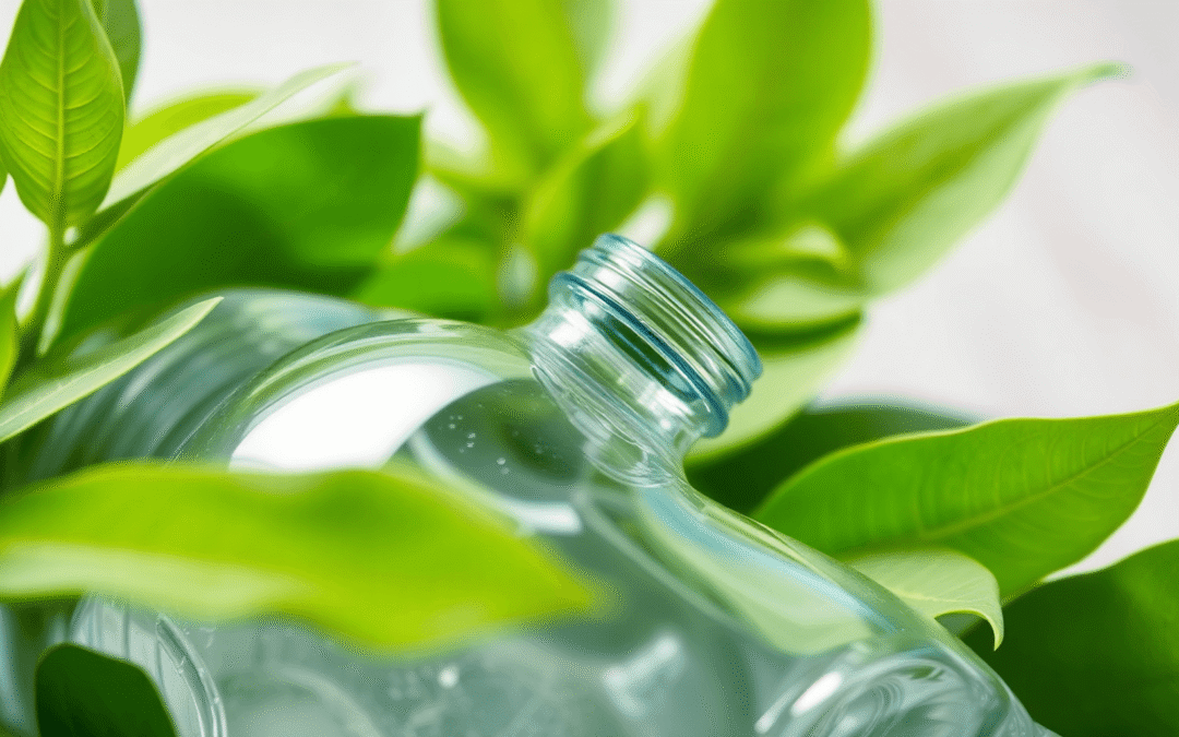 A közeli kép egy tiszta műanyag vízpalackról zöld levelek között, lágy természetes fényben és tiszta, friss háttérrel.