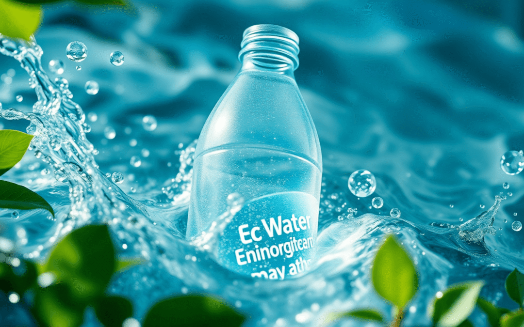 A közeli kép egy tiszta vízpalackról, amely áramló víz, zöld levelek és absztrakt formák között található, lágy napfény teremtve friss, gondolkodó ...