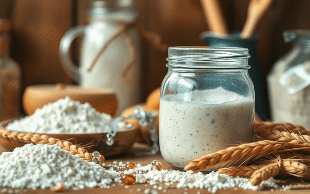 A közelkép egy üvegben lévő buborékos kovászos tésztáról, amelyet liszt, búzaszálak és vízcseppek vesznek körül egy meleg, rusztikus konyhában.