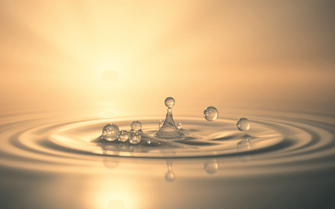 A sima felületen hullámzó tiszta vízcseppek közeli felvétele, amelyet a háttérben meleg távoli infravörös fények lágyan megvilágítanak.