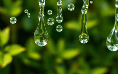 A tiszta vízcseppek közelképe, amelyek mögött absztrakt kémiai kötések törnek meg, puha zöld növényzet előtt, amely a tisztaságot és a környezetvéd...