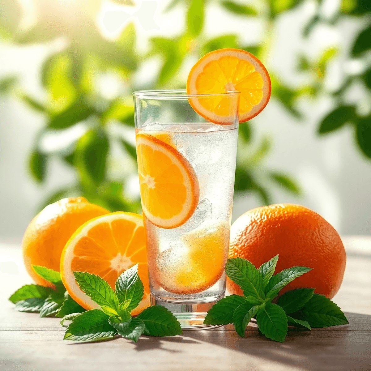 Átlátszó pohár friss vízzel, mellette élénk citrusfélék és friss mentalevelek, napsütötte zöld háttérrel, tisztaságot és frissességet sugallva.