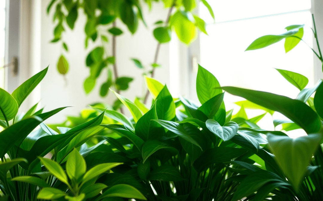 Belső tér, kényelmes hangulattal, élénk zöld szobanövényekkel, amelyek közül néhány enyhe sárgulást mutat, puha természetes fényben fürödve, meleg,...