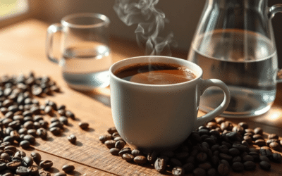 Egy gőzölgő kávéscsésze közeli felvétele egy fából készült asztalon, kávébabbal és egy üveg vízkannával, puha természetes fényben fürödve.