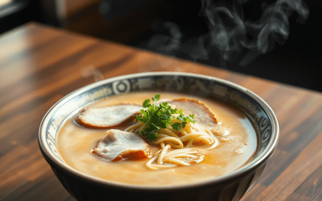 Egy gőzölgő tál krémes tonkotsu ramen közelről, hússzeletekkel, tésztával és zöld díszítéssel egy fából készült asztalon, meleg természetes fényben.