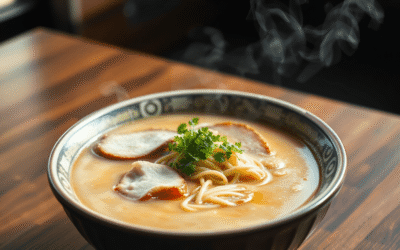 Egy gőzölgő tál krémes tonkotsu ramen közelről, hússzeletekkel, tésztával és zöld díszítéssel egy fából készült asztalon, meleg természetes fényben.