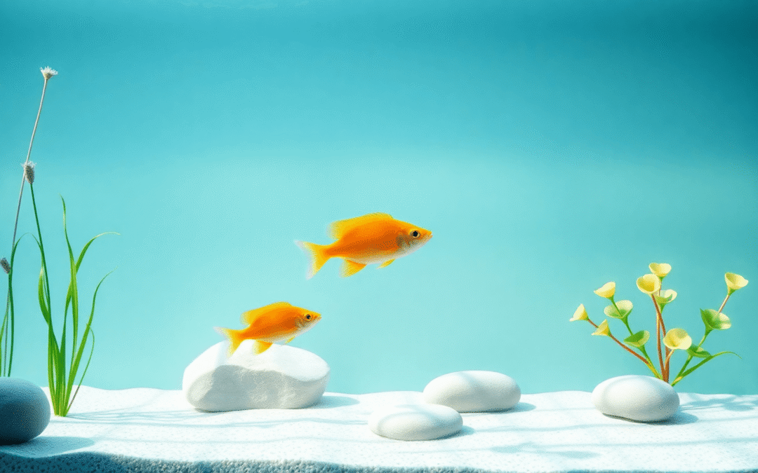 Egy minimalista akvárium tiszta vízzel, élénk trópusi halakkal, természetes vízi növényekkel, sima kövekkel és lágy természetes fénnyel, amely nyug...