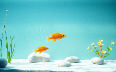 Egy minimalista akvárium tiszta vízzel, élénk trópusi halakkal, természetes vízi növényekkel, sima kövekkel és lágy természetes fénnyel, amely nyug...