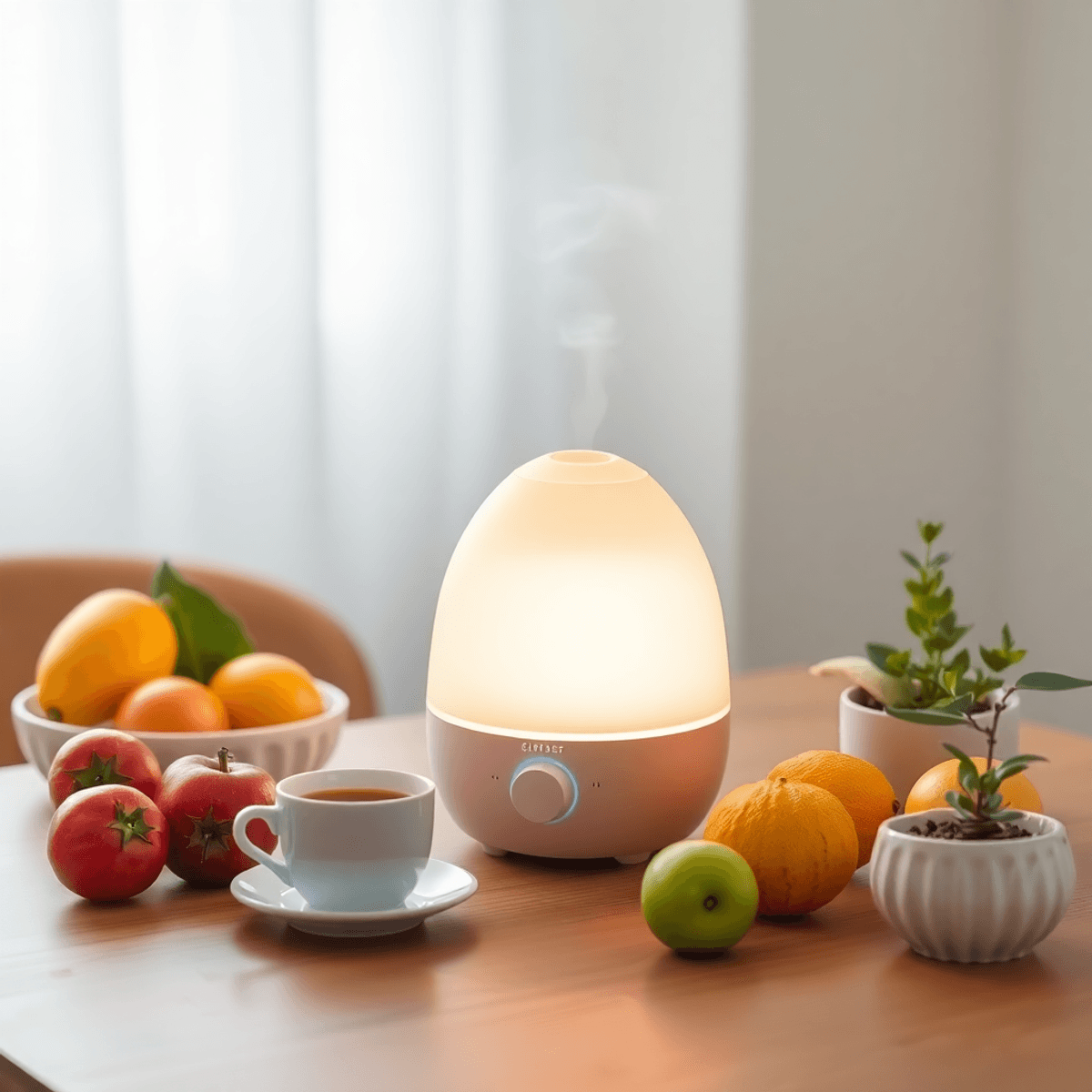 Egy nyugodt reggeli jelenet: egy hangulatos párásító lágy ködöt bocsát ki egy faasztalon, friss gyümölcsök, gőzölgő kávéscsésze és kis növény mellett.