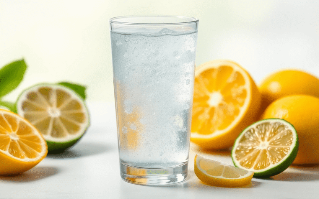 Egy pohár szénsavas üdítőital buborékokkal, citrom- és lime-szeletekkel körülvéve, világos, tiszta háttérrel.