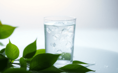 Egy pohár tiszta, pezsgő víz, gyengéd hullámokkal, ragyogó energiát sugárzó hullámokkal, zöld levelek és vízcseppek háttérével, a egészséget és éle...