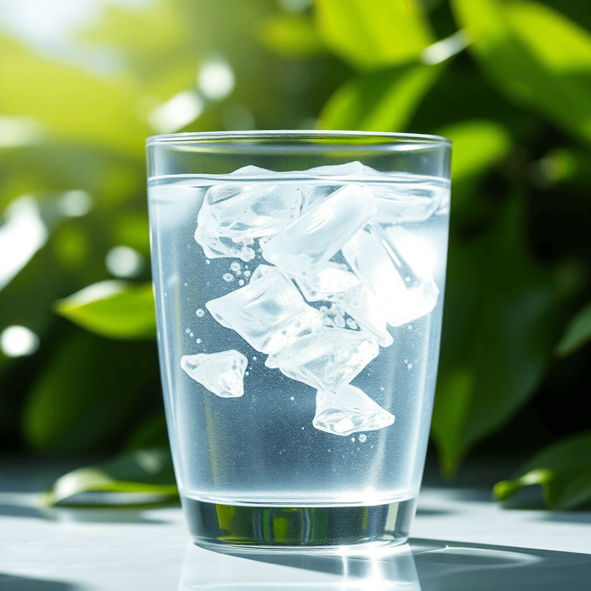 Egy tiszta, frissítő vízzel teli pohár, enyhe hullámokkal, zöld levelekkel és lágy napsütéssel körülvéve, a tisztaság és természetes hidratálás jelképe.