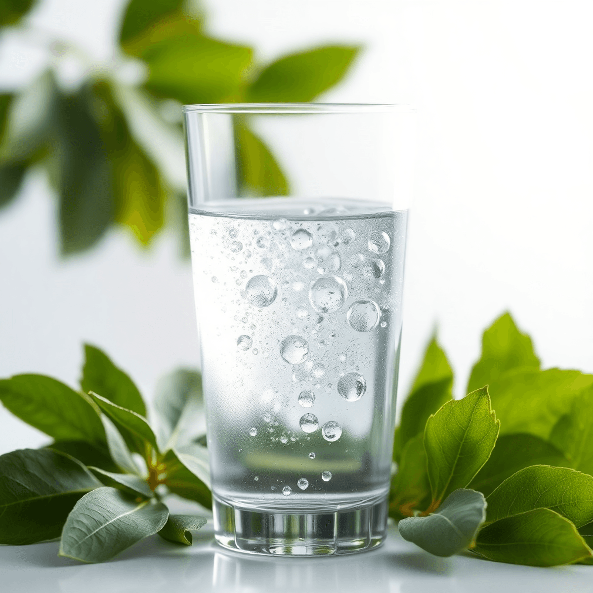 Egy tiszta pohár friss víz buborékokkal, zöld levelek és lágy fény ölelésében, tisztaságot és minőséget sugallva, világos háttér előtt.