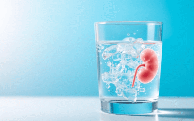 Egy tiszta pohár víz, amelyen csillogó vízcseppek vannak, egy puha kék háttér előtt, absztrakt formákkal, amelyek a vesék egészségét szimbolizálják.
