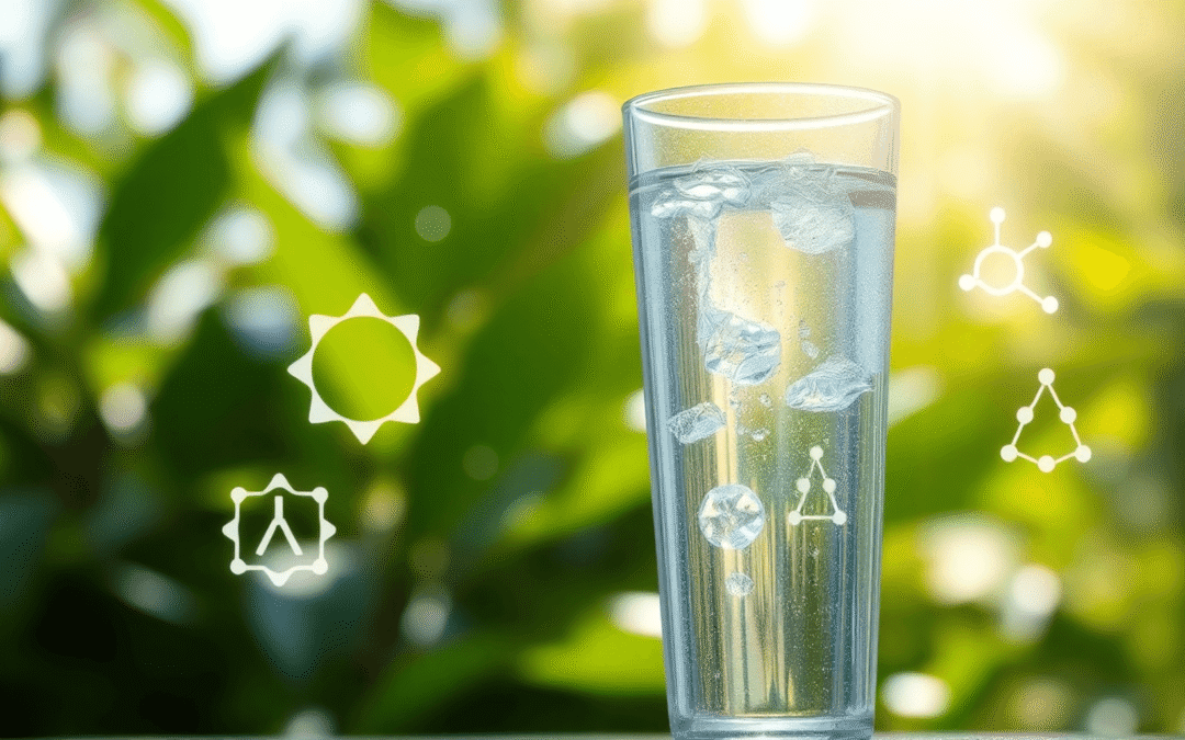 Egy tiszta pohár víz cseppekkel, absztrakt tisztasági szimbólumokkal és molekuláris struktúrákkal körülvéve, világos, napfényes háttér előtt zöld l...