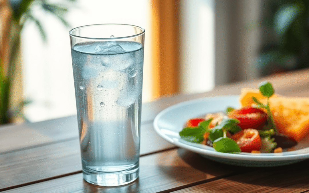 Egy tiszta pohár víz cseppekkel egy fából készült asztalon, egy tányér egészséges étel mellett, puha természetes fényben fürödve.