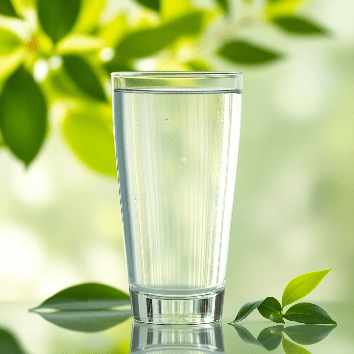 Egy tiszta pohár víz finom, ragyogó hullámokkal, zöld levelek és lágy napfény háttér előtt, az egészség és tisztaság szimbóluma.