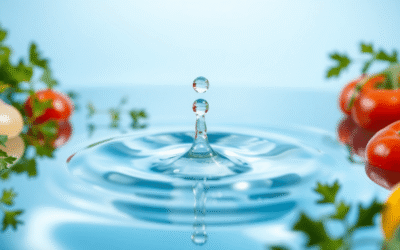 Egy tiszta vízcsepp csobbanása friss fűszernövényekkel és élénk zöldségekkel körülvéve, a tisztaságot hangsúlyozva a gourmet főzésben.