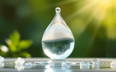 Egy tiszta vízcsepp, körülötte ragyogó ásványi kristályokkal, egy puha, természetes háttérrel és fényrayszekkel, amelyek az egészséget és vitalitás...