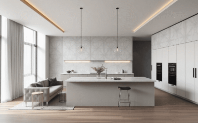 Elegáns szürke ezüst ozmózis víztisztító gép modern konyhában, üveg vízzel, kék hullámokkal, természetes növényekkel a háttérben.