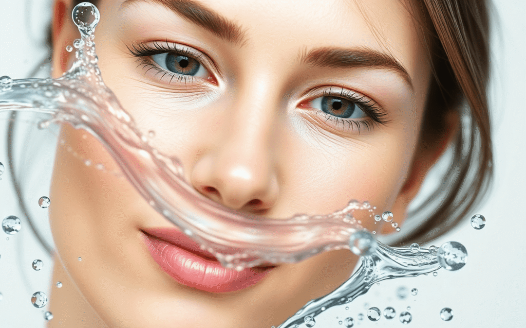 Fényképen közelről látható egy ragyogó, hidratált női arc vízcseppekkel és lágy hullámokkal egy tiszta, világos háttéren, amely a frissességet és t...