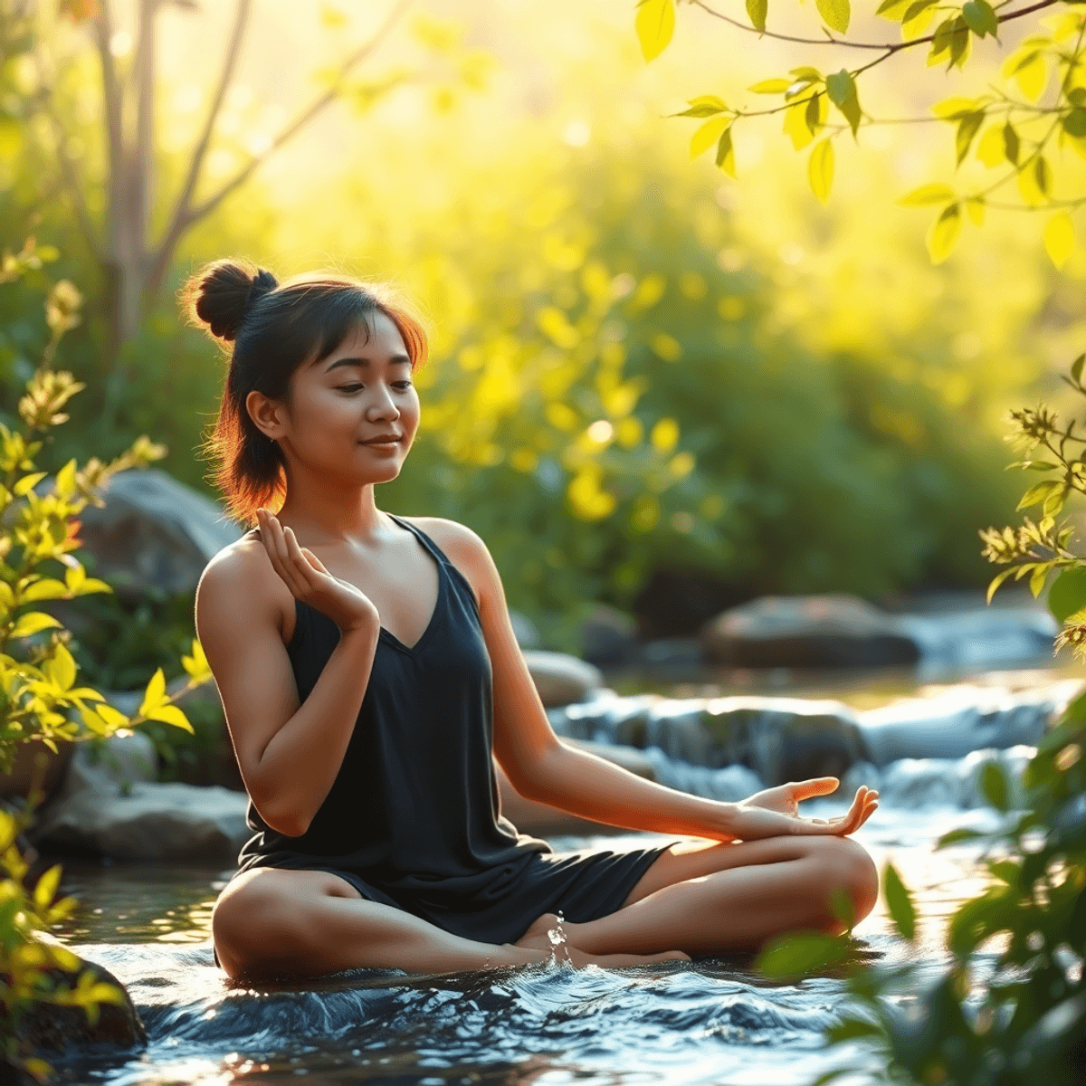 Fiatal személy nyugodt, napsütötte természetben jógázik víz és zöld növények között, békés, megújulást sugárzó légkörben.