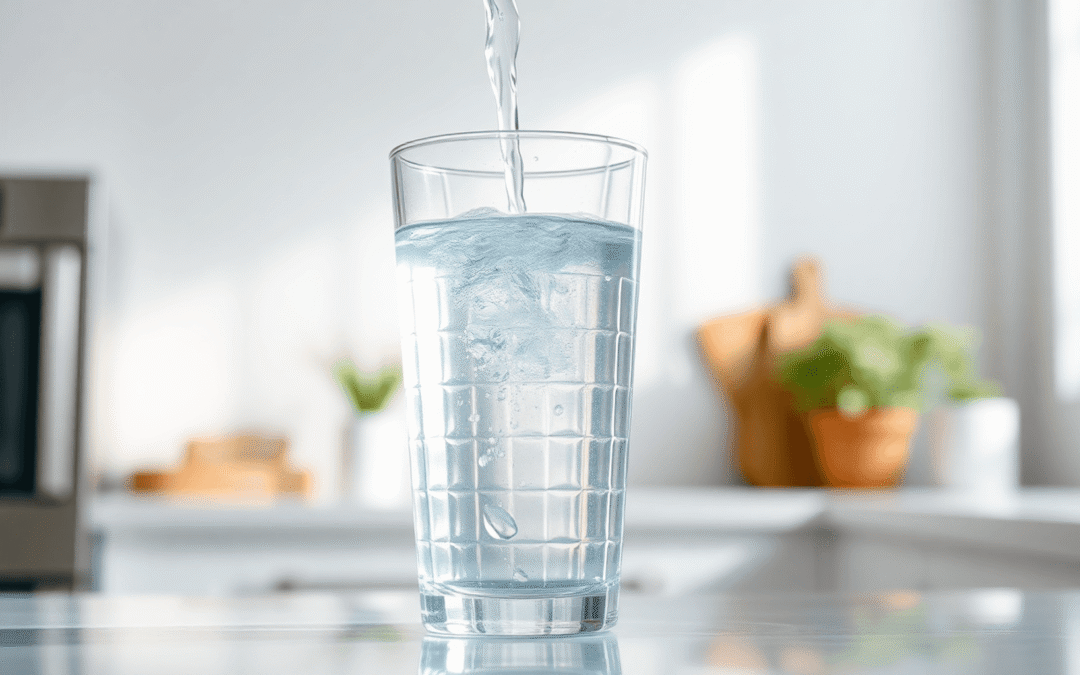 Friss víz közeli felvétele, amely cseppekkel és lágy tükröződésekkel ömlik egy tiszta pohárba, világos, tiszta konyhai háttérrel.
