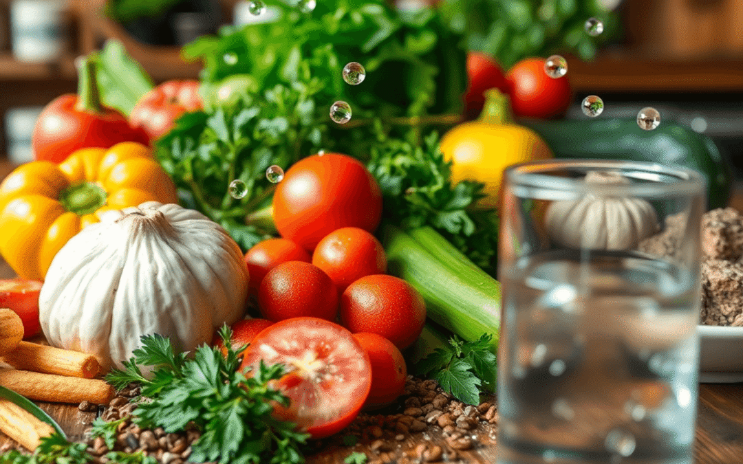 Friss zöldségek, fűszerek cseppekkel egy rusztikus faasztalon, meleg konyhai hangulatban, a tiszta víz és főzés frissességét jelképezve.