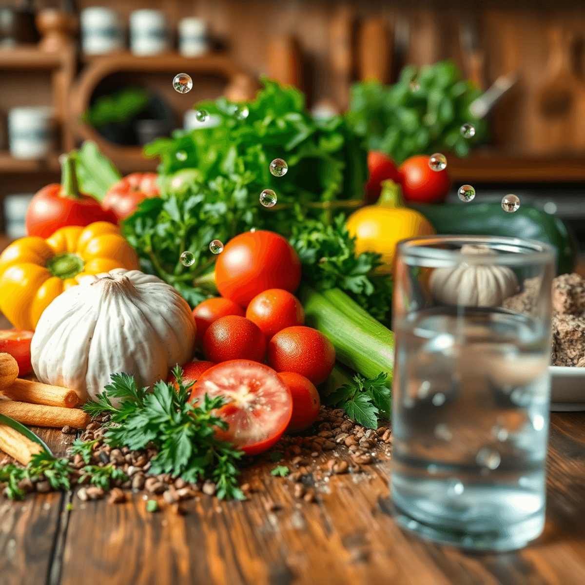 Friss zöldségek, fűszerek cseppekkel egy rusztikus faasztalon, meleg konyhai hangulatban, a tiszta víz és főzés frissességét jelképezve.