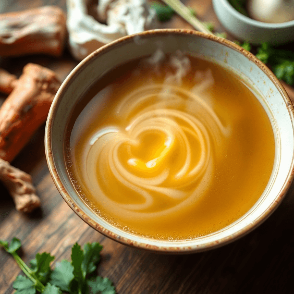 Gőzölgő, aranyszínű ramen leves egy tálban, körülötte friss alapanyagok, csontok és zöldségek egy faasztalon.