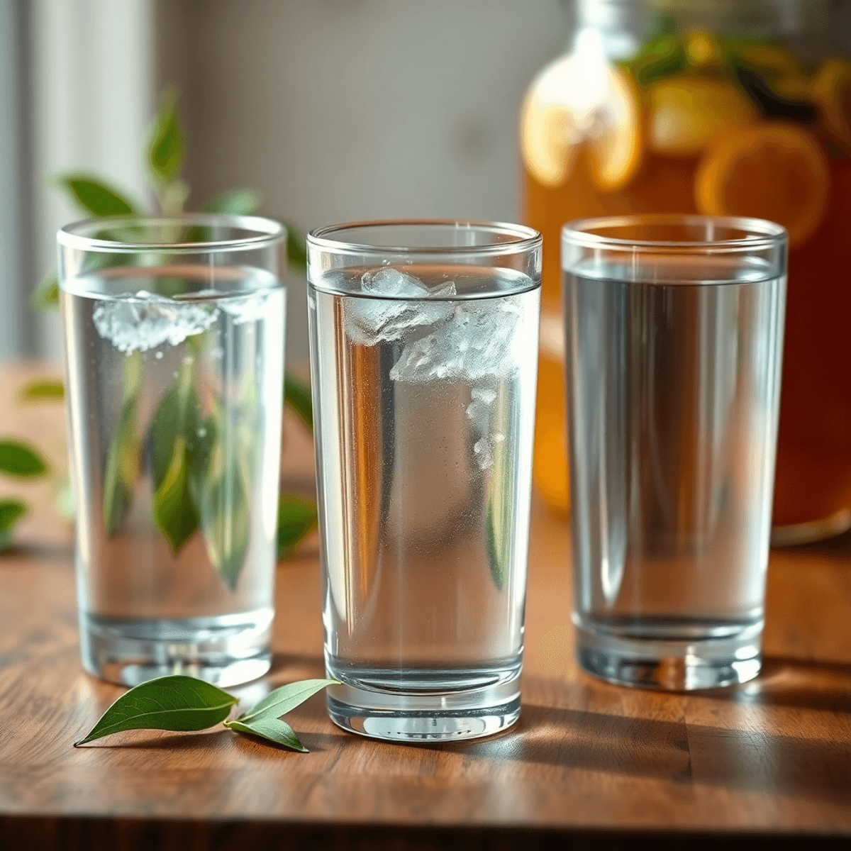 Három átlátszó pohár különböző vízzel egy fa felületen, háttérben tea levelek és kombucha üveg homályosan.