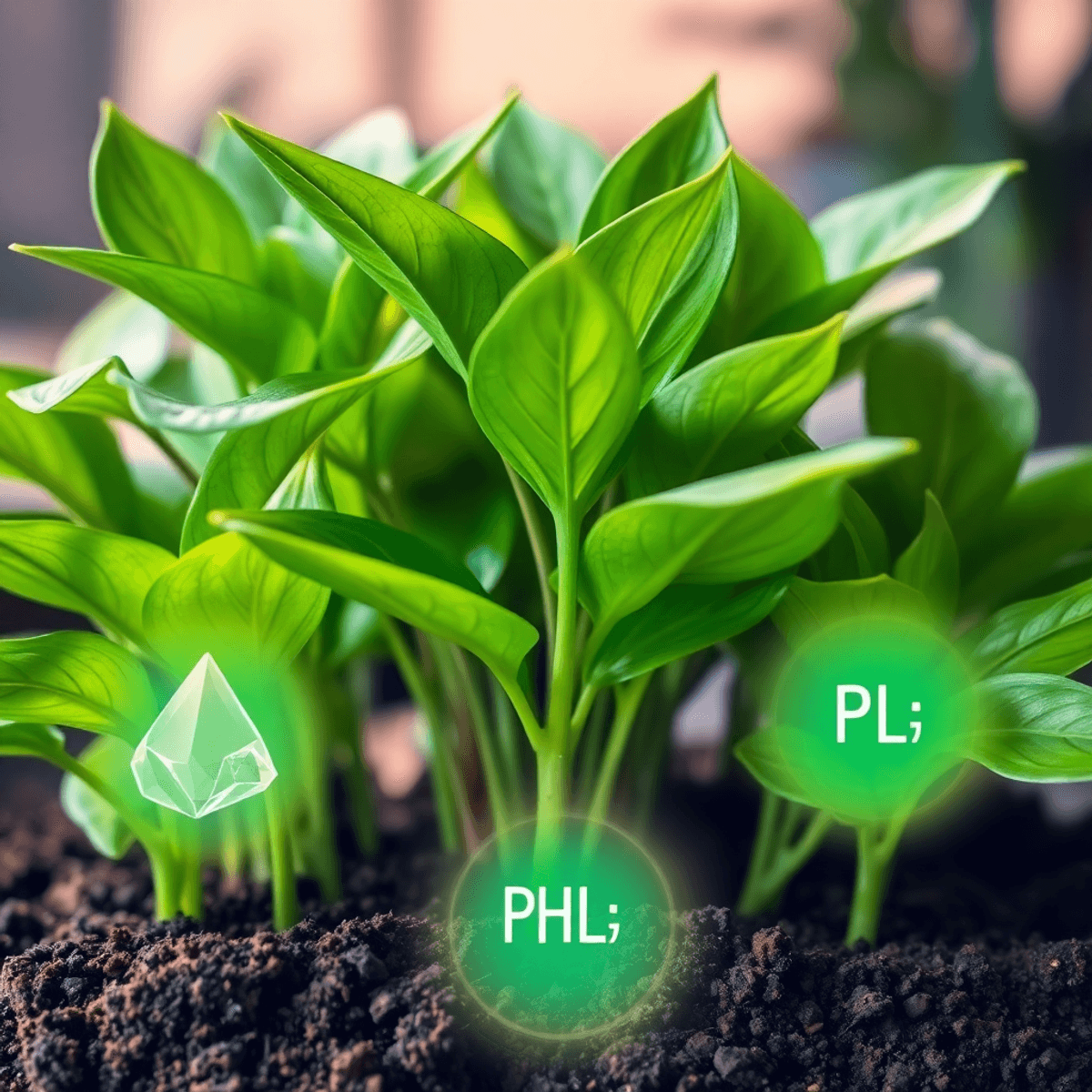 Közeli kép egészséges szobanövényekről, zöld levelekkel, talajjal, körülöttük finom vízcseppek, ásványi kristályok és pH-szimbólumok lágy színátmenetekben.