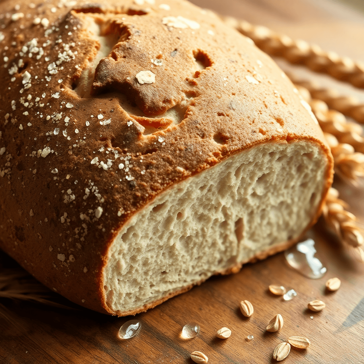 Közeli kép egy rusztikus kovászos kenyérről, vízcseppekkel és búzaszemekkel, fa felületen, természetes fényben.