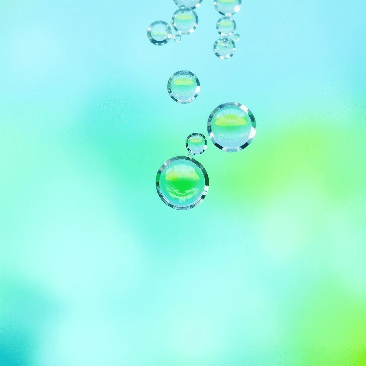 Közeli kép tiszta vízcseppekről, kék-zöld háttérrel és vízmolekula alakzatokkal, tisztaságot és precizitást sugallva a víztisztításban.
