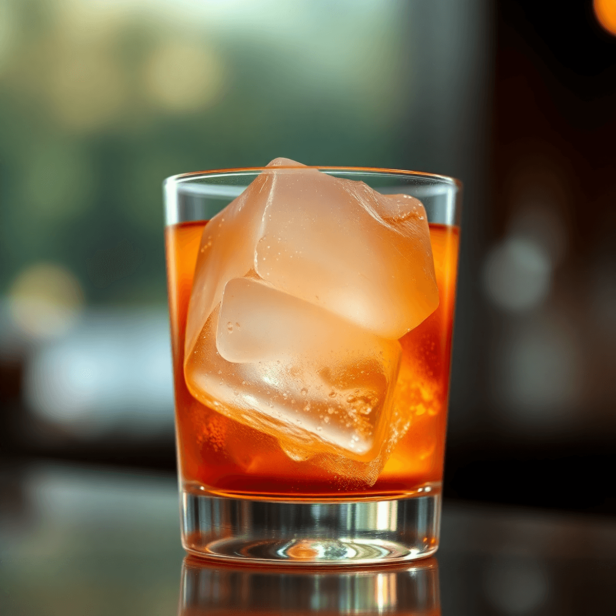 Közelkép egy tiszta jégkockáról, amely lassan olvad egy pohárban lévő frissítő koktélban, meleg háttérfénnyel.