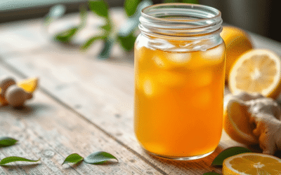 Közelkép egy üveg befőttes üvegről, amely aranyszínű kombucha teát tartalmaz, friss tealevelek, gyömbér és citrom társaságában, egy rusztikus fa as...