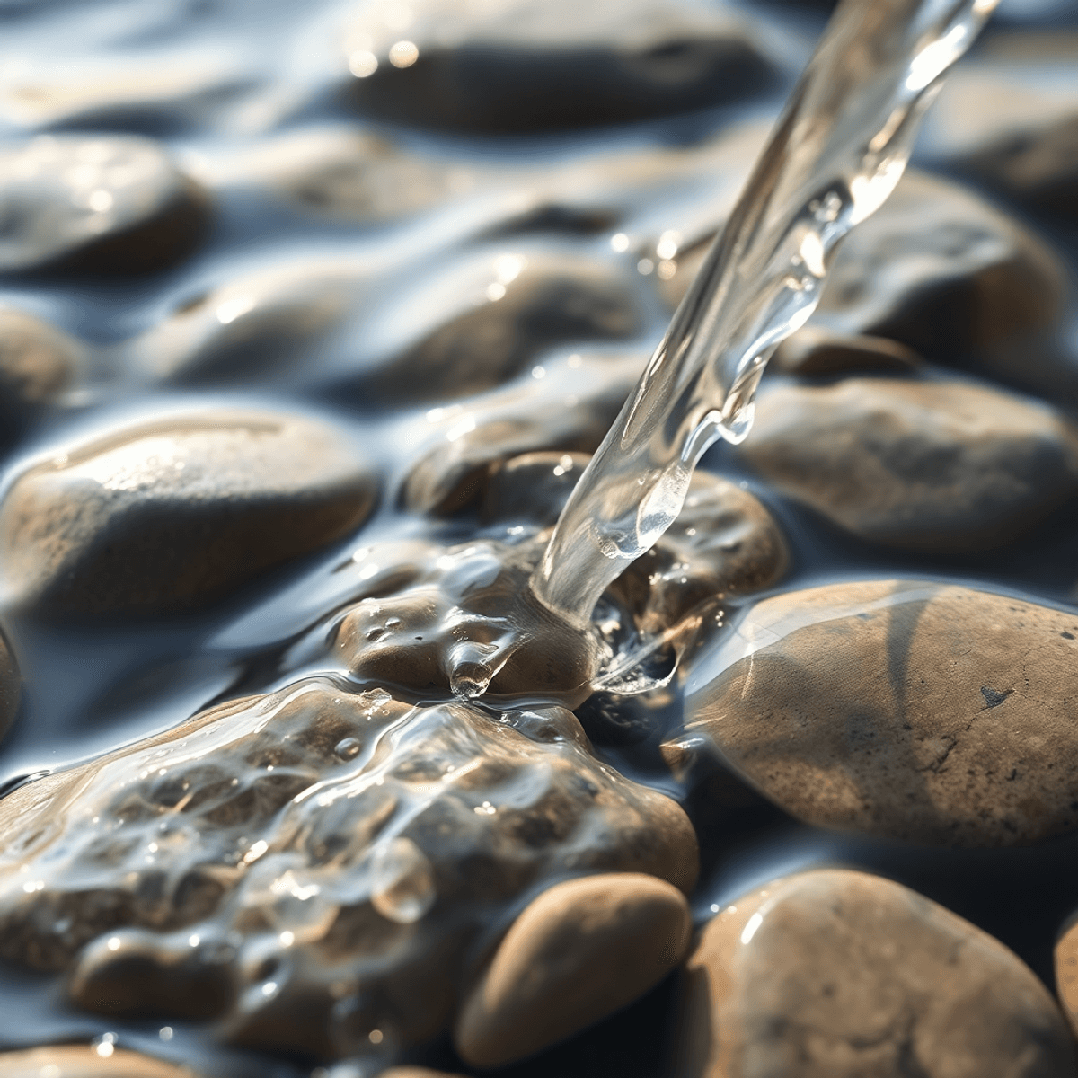 Közelkép tiszta vízről, amely sima köveken folyik át, lágy napsütéssel, a tiszta és egészséges háztartási víz védelmét szimbolizálva.