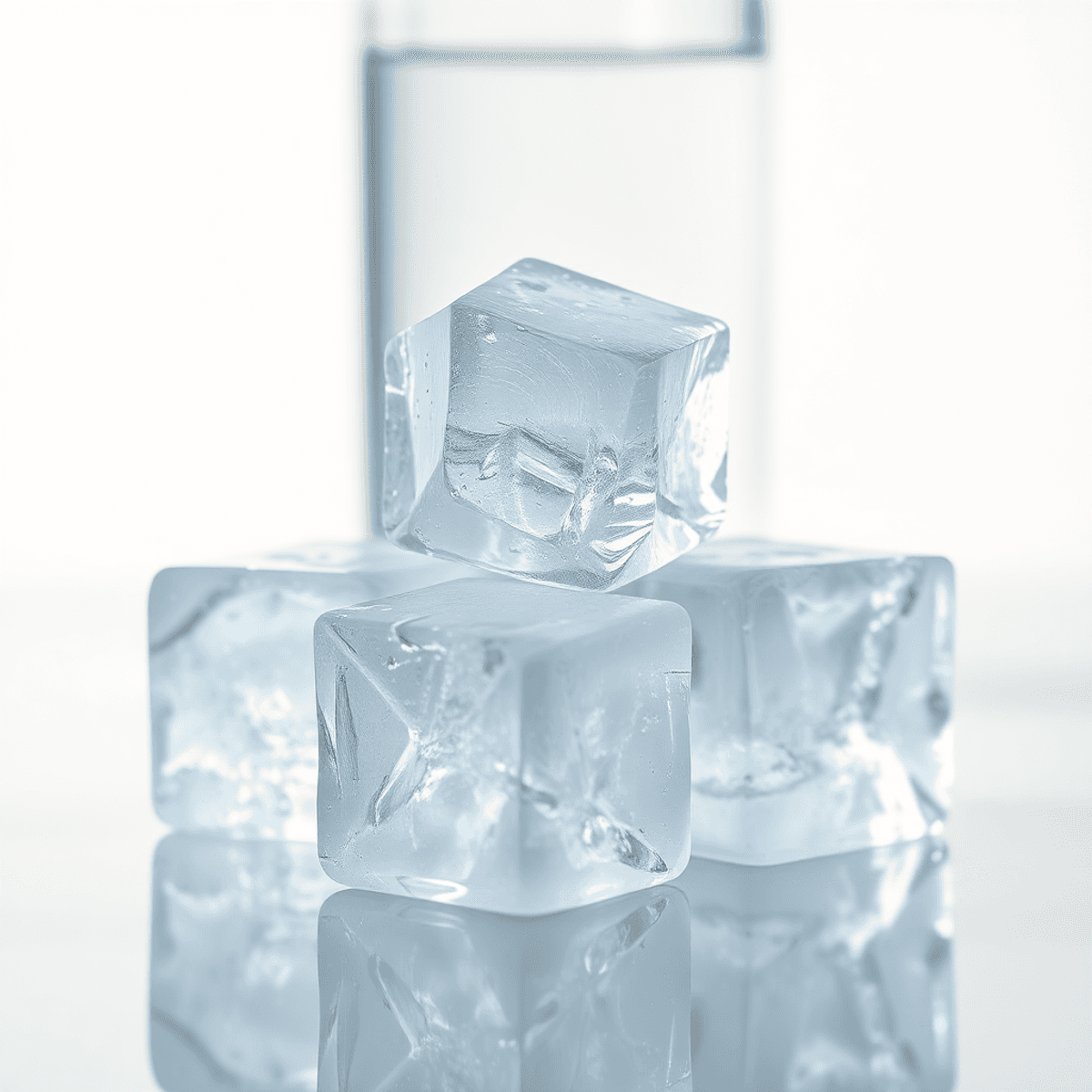 Kristálytiszta jégkockák közelről, háttérben üvegpalack tiszta vízzel, tiszta, fényes felületen, természetes lágy megvilágítással.