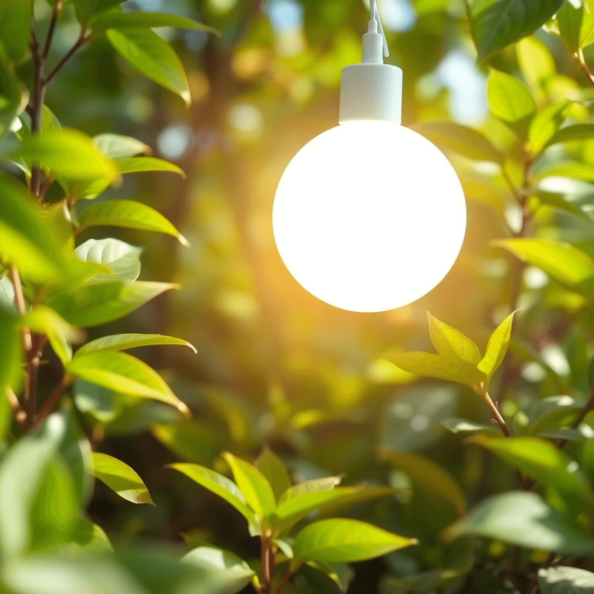 Modern LED UVC lámpa lágy fénnyel, zöld levelek és friss levegő között, egészséget és környezetbarátságot jelképezve.