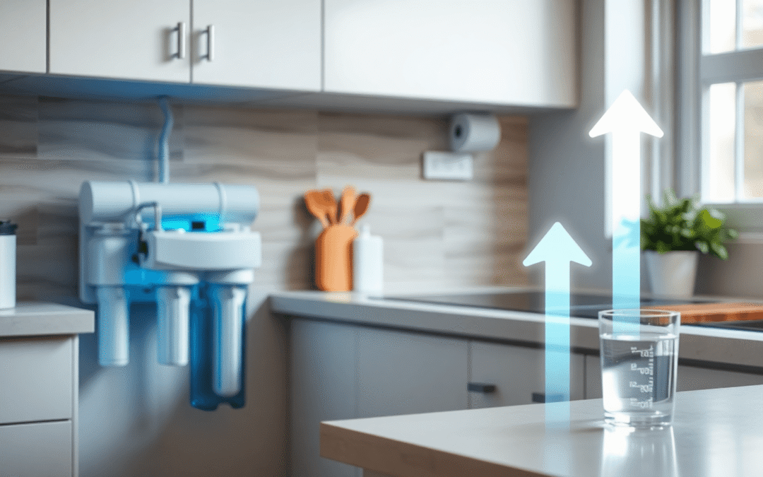 Modern konyha mosogató alatti vízszűrővel, a pulton egy tiszta pohár víz, és a háttérben finoman világító nyilak, amelyek a növekvő háztartási költ...