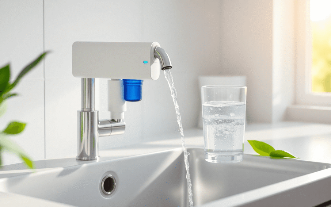 Modern konyhai mosogató, elegáns vízszűrővel, tiszta víz folyik egy pohárba, friss zöld levelek, és ragyogó vízcseppek természetes fényben.