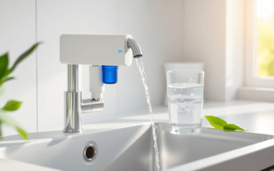 Modern konyhai mosogató, elegáns vízszűrővel, tiszta víz folyik egy pohárba, friss zöld levelek, és ragyogó vízcseppek természetes fényben.