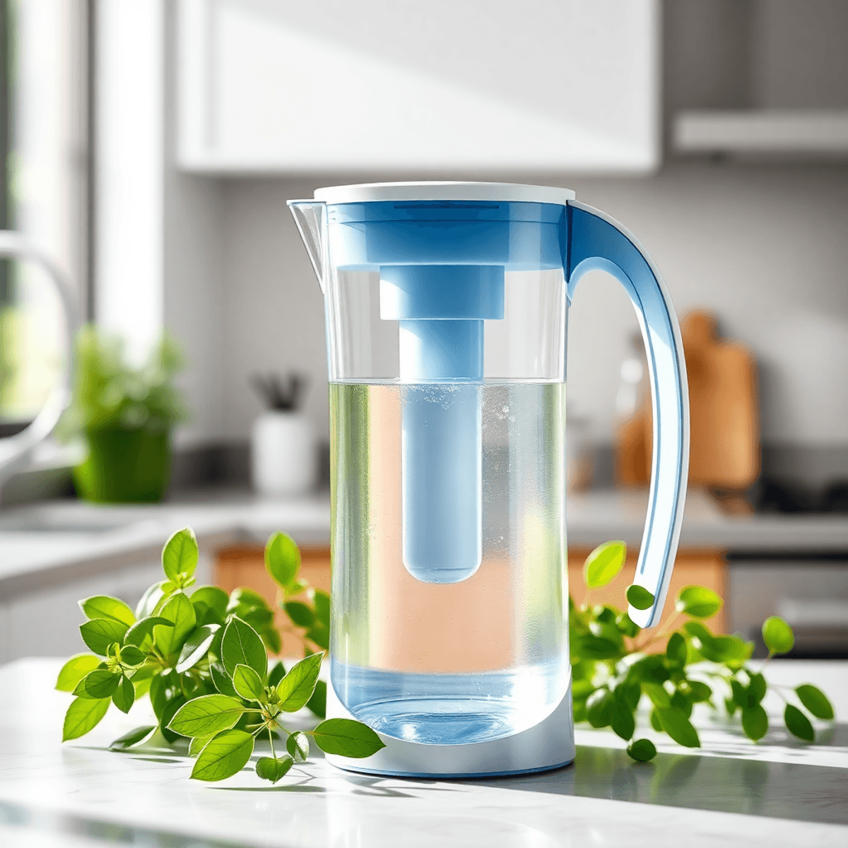 Modern vízszűrő kancsó tiszta vízzel, konyhapulton, zöld növények között, természetes fényben, az otthoni víztisztítás szimbólumaként.