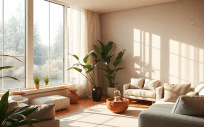 Napfényes, kényelmes nappali puha párnákkal, szobanövényekkel, folyó függönyökkel és egy kis vízeséssel, meleg földszínekkel, amelyek nyugodt, mode...