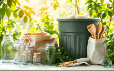 Napfényes, környezetbarát jelenet üveg tárolóedényekkel, vászontáskákkal, bambusz evőeszközökkel és komposztálóval, zöld növényekkel körülvéve.