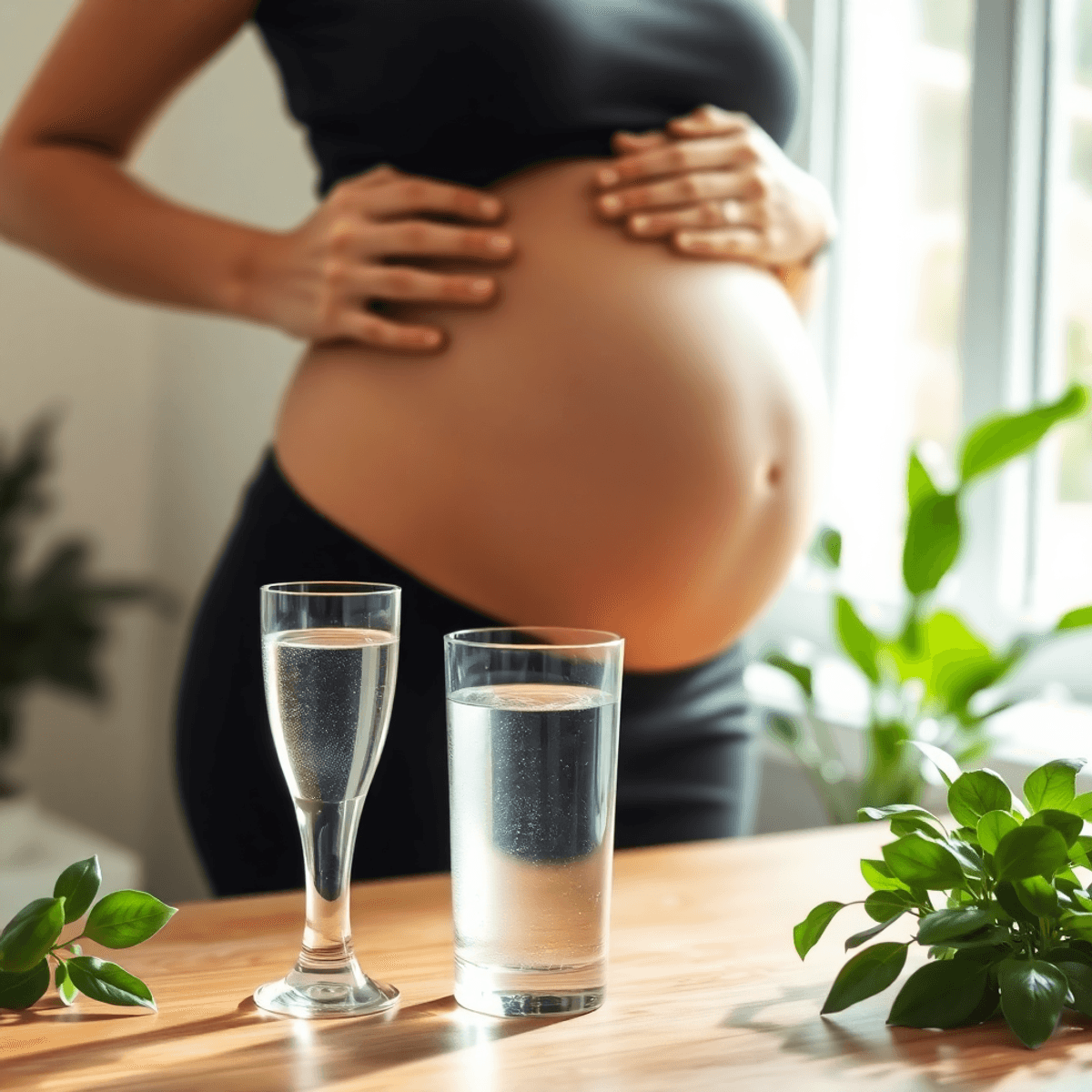 Nyugodt kép várandós nőről, aki gyengéden tartja a hasát egy faasztal mellett, rajta tiszta pohár vízzel, zöld növényekkel a háttérben.