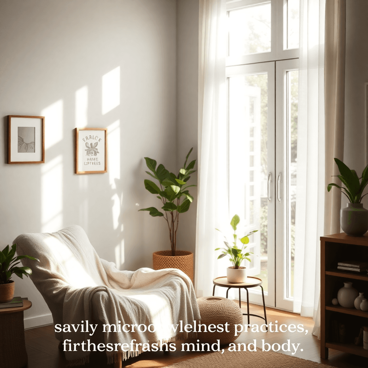 Nyugodt otthoni belső tér lágy természetes fénnyel, kényelmes székkel, kis szobanövénnyel és nyugtató dekorációval a mindennapi jólét jegyében.