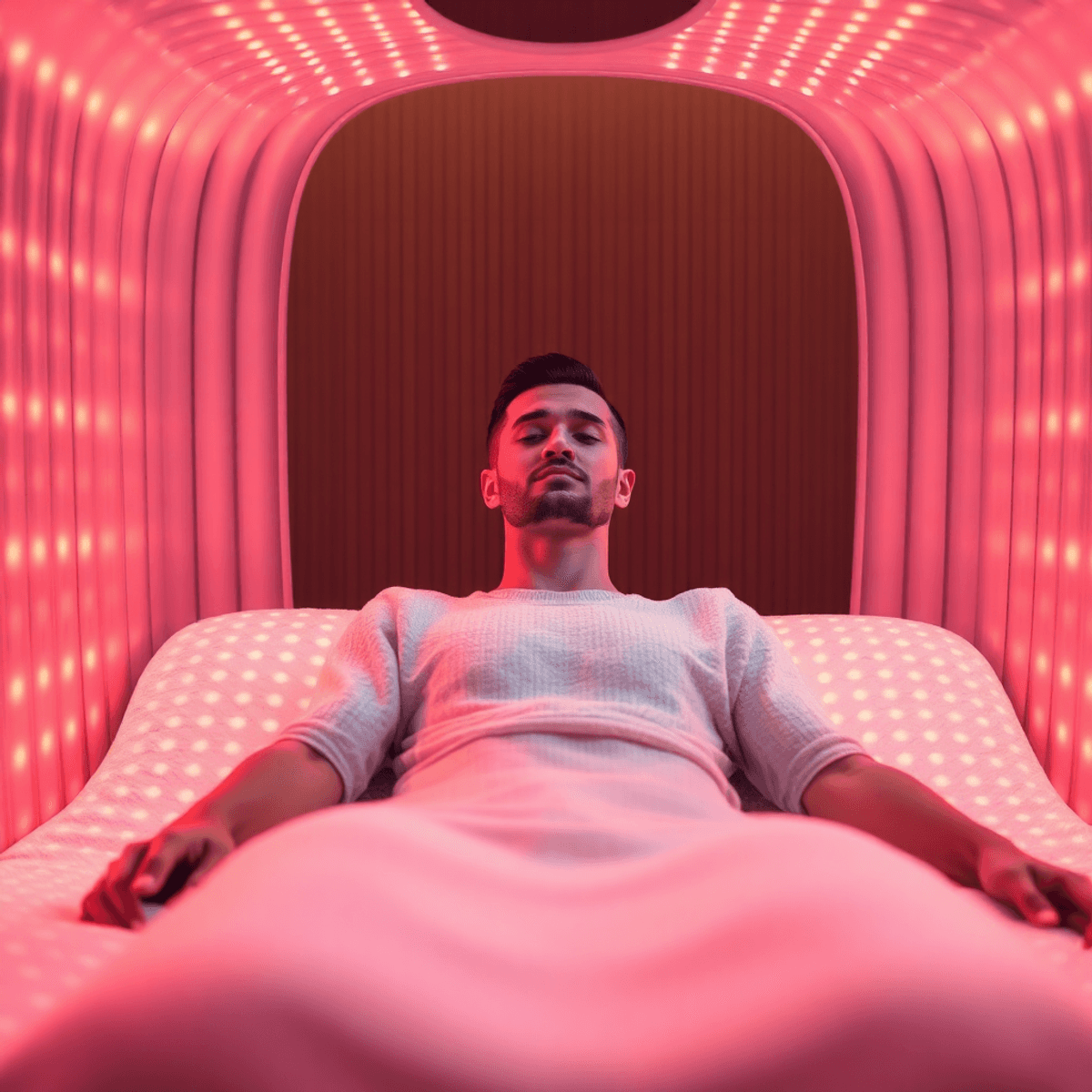 Nyugodt spa környezetben egy személy kényelmesen ül, lágy infravörös fények ölelik körbe, a fájdalomcsillapítást és gyógyító energiát jelképezve.