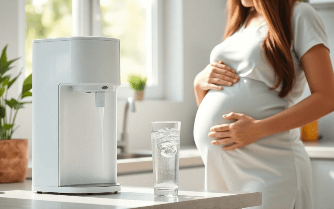Terhes nő finoman a hasát fogja egy modern víztisztító mellett, amelyből tiszta víz folyik egy pohárba egy világos, növényekkel teli konyhában.