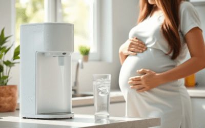 Terhes nő finoman a hasát fogja egy modern víztisztító mellett, amelyből tiszta víz folyik egy pohárba egy világos, növényekkel teli konyhában.